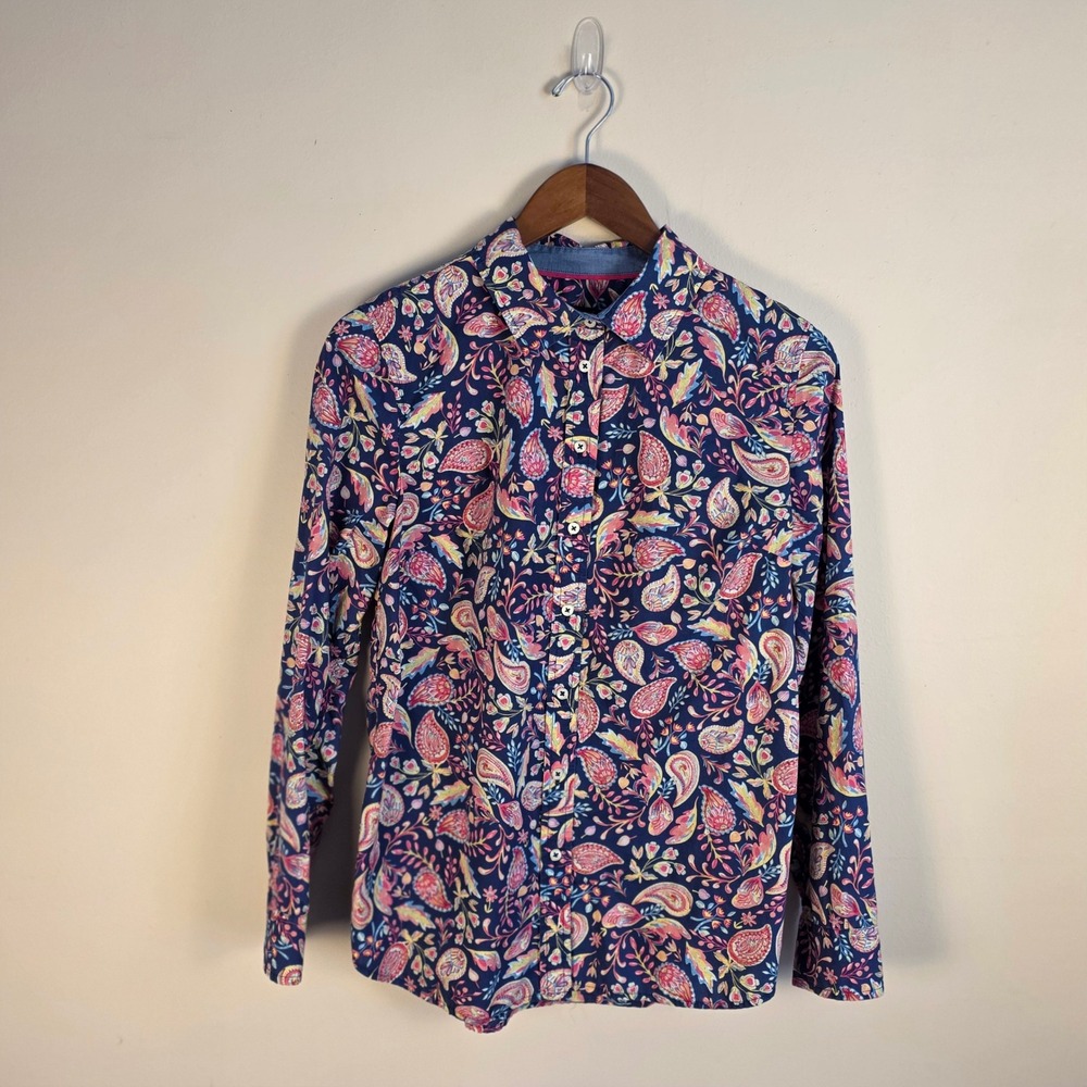 Talbots Womens Medium Navy Paisley Floral Cotton Button Down Shirt Long Sleeve